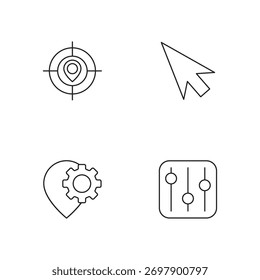 Contornar ícones vetoriais para elementos de controle do usuário: alvo de mira, ponteiro do mouse, configurações de engrenagem e ajustes de mixagem de equalizador de áudio.