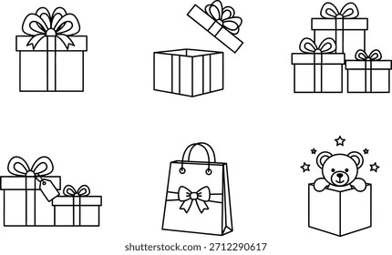 Iconos del vector del contorno de varias cajas de regalo, bolso de compras, y un oso de peluche para los días festivos, celebraciones.