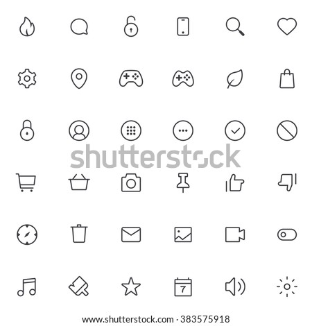 Outline vector icons for web and mobile. 36 Icons, 2 pixel stroke & 48x48 resolution