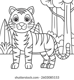 Outline vector illuatration of Tiger in the forest for coloring books page