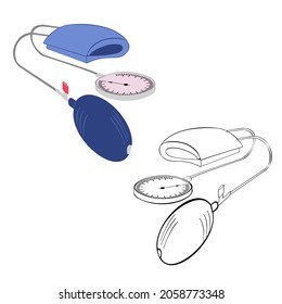 An outline vector illustration of a 3d blood-pressure cuff on transparent background. Designed in black and white colors for medical concepts