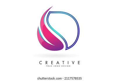 Outline Vector illustration of abstract letter D with colorful flames and gradient Swoosh design. Letter D logo with creative cut and shape.
