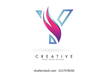 Outline Vector illustration of abstract letter Y with colorful flames and gradient Swoosh design. Letter Y logo with creative cut and shape.