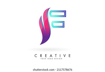 Outline Vector illustration of abstract letter F with colorful flames and gradient Swoosh design. Letter F logo with creative cut and shape.