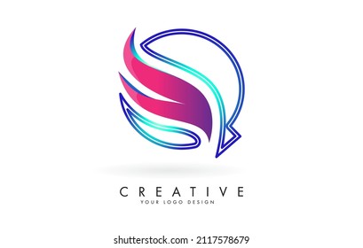 Outline Vector illustration of abstract letter Q with colorful flames and gradient Swoosh design. Letter Q logo with creative cut and shape.