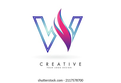 Outline Vector illustration of abstract letter W with colorful flames and gradient Swoosh design. Letter W logo with creative cut and shape.