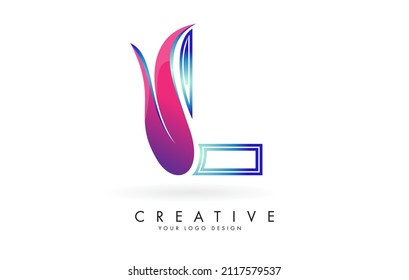 Outline Vector illustration of abstract letter L with colorful flames and gradient Swoosh design. Letter L logo with creative cut and shape.