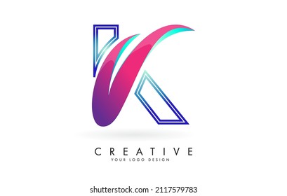Outline Vector illustration of abstract letter K with colorful flames and gradient Swoosh design. Letter K logo with creative cut and shape.