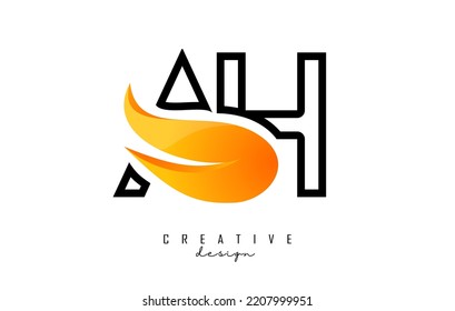 Esbozo Ilustración vectorial de letras abstractas AH a h con llamas de fuego y diseño Orange Swoosh. Letras con forma y corte creativos.