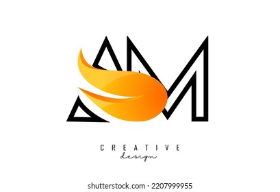 Outline Vector illustration of abstract letters AM a M with fire flames and Orange Swoosh design. Letters with creative cut and shape.