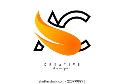 Outline Vector illustration of abstract letters AC a c with fire flames and Orange Swoosh design. Letters with creative cut and shape.