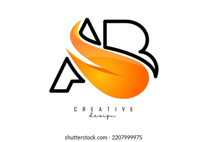 Outline Vector illustration of abstract letters AB a b with fire flames and Orange Swoosh design. Letters A and B logo with creative cut and shape.
