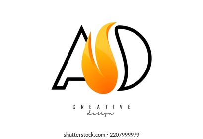 Outline Vector illustration of abstract letters AO a o with fire flames and Orange Swoosh design. Letters with creative cut and shape.