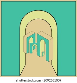 Ilustración esquemática vectorial de arcos aislados en fondo transparente. Diseñado en colores verdes y amarillentos para conceptos web 