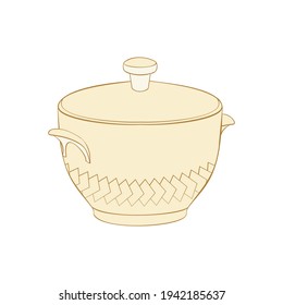 An outline vector illustration of a beige saucepan with squares decoration line isolated on white background. Designed in a classic style for templates, wraps for adults and kids