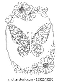 Outline vector illustration of butterfly with zen art wing, wing with poppy flowers and floral frame for anti-stress coloring book. Monochrome coloring page for adults and children, zen tangle, doodle