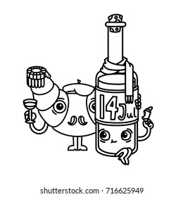 Outline vector illustration of cartoon croissant with a bottle of vine