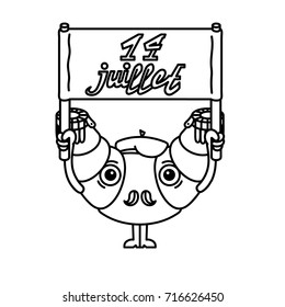 Outline vector illustration of a cartoon croissant with a sign on 14 juillet