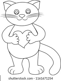 Outline vector illustration of a cat. Cartoon kitten stands like a man, and holds a heart in her paws. Joyful little beast. Design for coloring, t-shirt, bag, sticker, children's book, postcard.