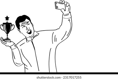 Outline vector illustration of champion holding winning trophy and taking a selfie, Winner man with trophy taking selfie