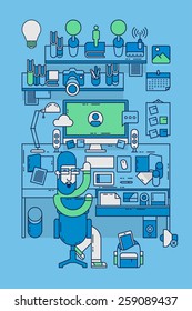 Outline vector illustration with a character at his office desk