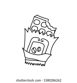 Outline vector illustration of a chocolate bar in ripped paper. Milk choco icon. Cute candy doodle.