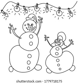 Outline vector illustration Christmas party, snowmens and garland with bulbs, coloring page on winter theme