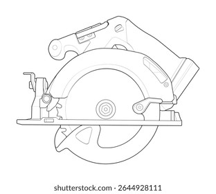 Outline vector Illustration of Circular Saw Power Tool – Cordless Handheld Electric Wood Cutter.
