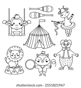 outline vector illustration of circus animal set, cute circus animals character, clown and tent isolated on white