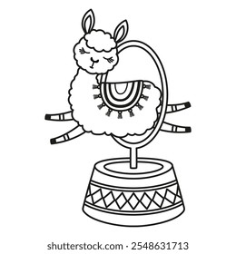 outline vector illustration of circus llama character jumping into ring in cartoon style