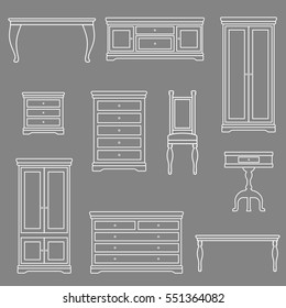 An outline vector illustration of classic furniture. Pieces of furniture. Linear style.