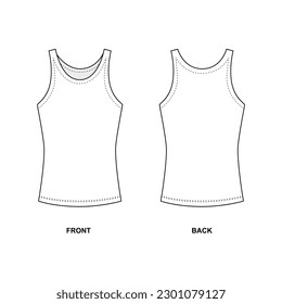 Outline vector illustration of a classic white tank top with round neck. Undershirt template in white color, vector. Sketch shirts in casual style, unisex design.