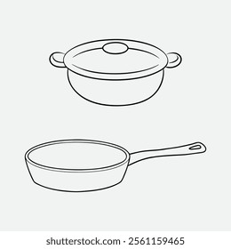 Outline Vector Illustration of Cooking Pot and Frying Pan.