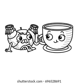 Outline vector illustration of a croissant and a cup of coffee