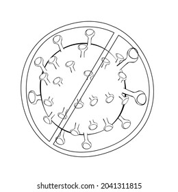 An outline vector illustration of a crossed out coronavirus symbol isolated on transparent background. Designed in black and white colors for medical antiviral concepts.