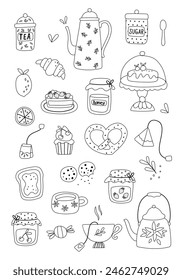 Outline vector illustration of cups and sweeties for anti-stress coloring book isolated on a white background. Coloring page for adults and children. Vector illustration