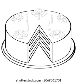 An outline vector illustration of a cut cake with roses and burning candles isolated on transparent background. Designed for web concepts, prints, templates
