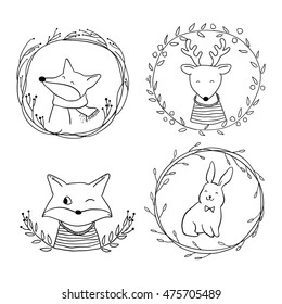 Outline vector illustration with cute animals wolf,deer,fox.rabbit and floral frame.