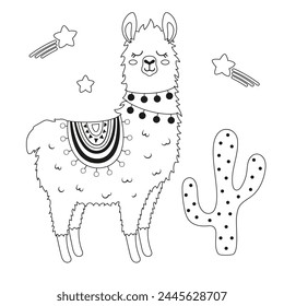 outline vector illustration with cute llama character, cactus and stars in flat style, design elements for children clothes, baby nursery, greeting card