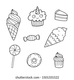 Outline vector illustration with different cute sweets.
Perfect for coloring book for kids and adults. Lovely small icons.