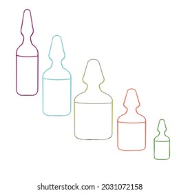 An outline vector illustration of different sizes medical ampoule isolated on transparent background. Outlined in purple, yellow, green, red, blue colors.