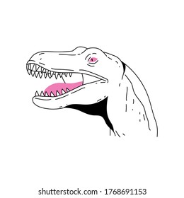 Outline vector illustration of dinosaur in minimalistic trendy style for print, emblem, logo design and icon. Line art drawing or portrait of velociraptor in black and white isolated and editable. 