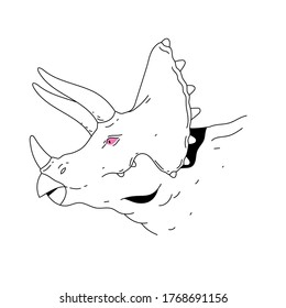 Outline vector illustration of dinosaur in minimalistic trendy style for print, emblem, logo design and icon. Line art drawing or portrait of triceratops in black and white isolated and editable. 