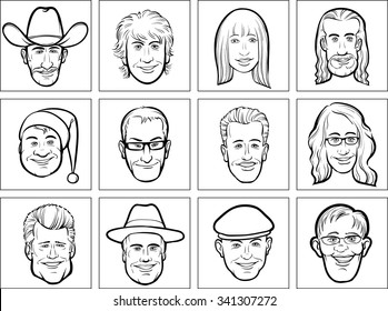outline vector illustration of diverse business people faces