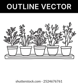 outline vector illustration in doodle style ofcolorful herb garden in pots