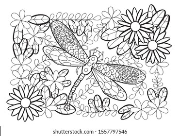 Outline vector illustration of dragonfly flies in flowers, branches, leaves for anti-stress coloring book. Ink coloring page for adults and children, zen tangle