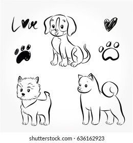 Outline vector illustration draw of cute pug dog .Doodle cartoon style. love and heart and foot dog sketch.