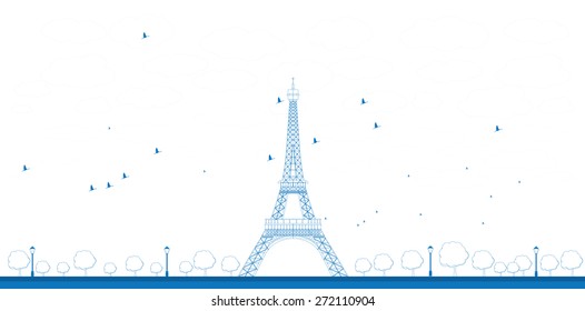 Outline Vector illustration of Eiffel Tower. Business travel and tourism concept with historic building. Image for presentation, banner, placard and web site.