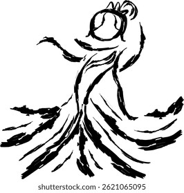 Outline vector illustration of an elegant woman wearing a flowing dress and holding flowers. Ideal for fashion, feminine designs, and minimalist projects