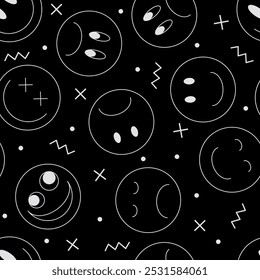 Outline vector illustration. Emoji smile icon seamless pattern on black background. Emoticons faces collection in flat cartoon style for web and social media